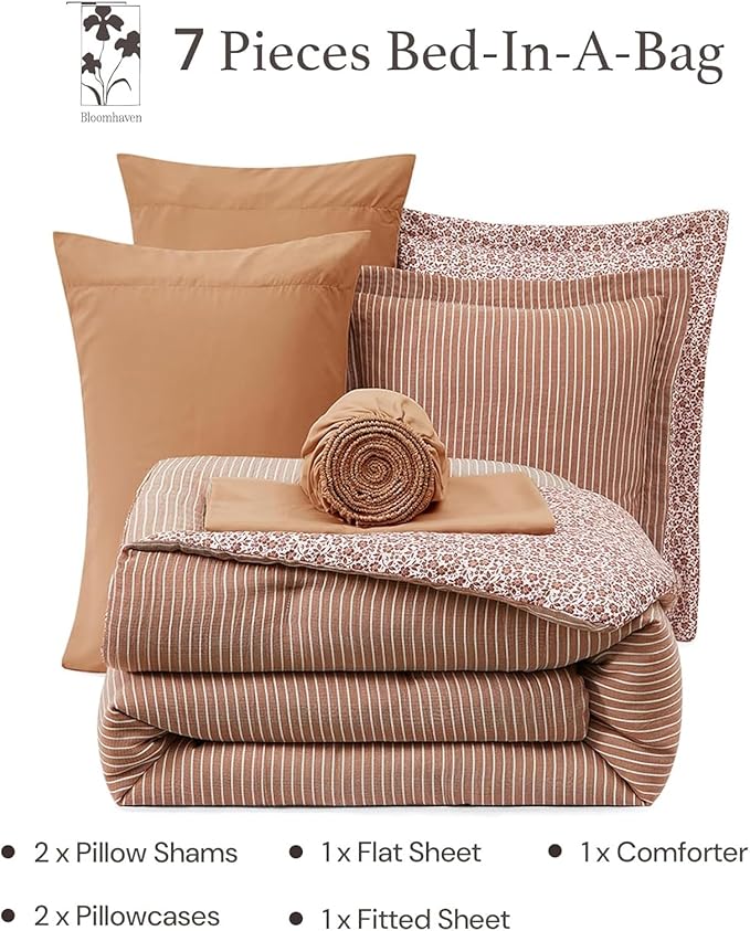 King Comforter Set - 7 Pieces Autumn Leaf Gauze Muslin Bedding Sets for All Seasons, Lightweight Breathable Bed in a Bag King with Revesible Farmhouse Comforter, Sheets, Pillowcases & Shams