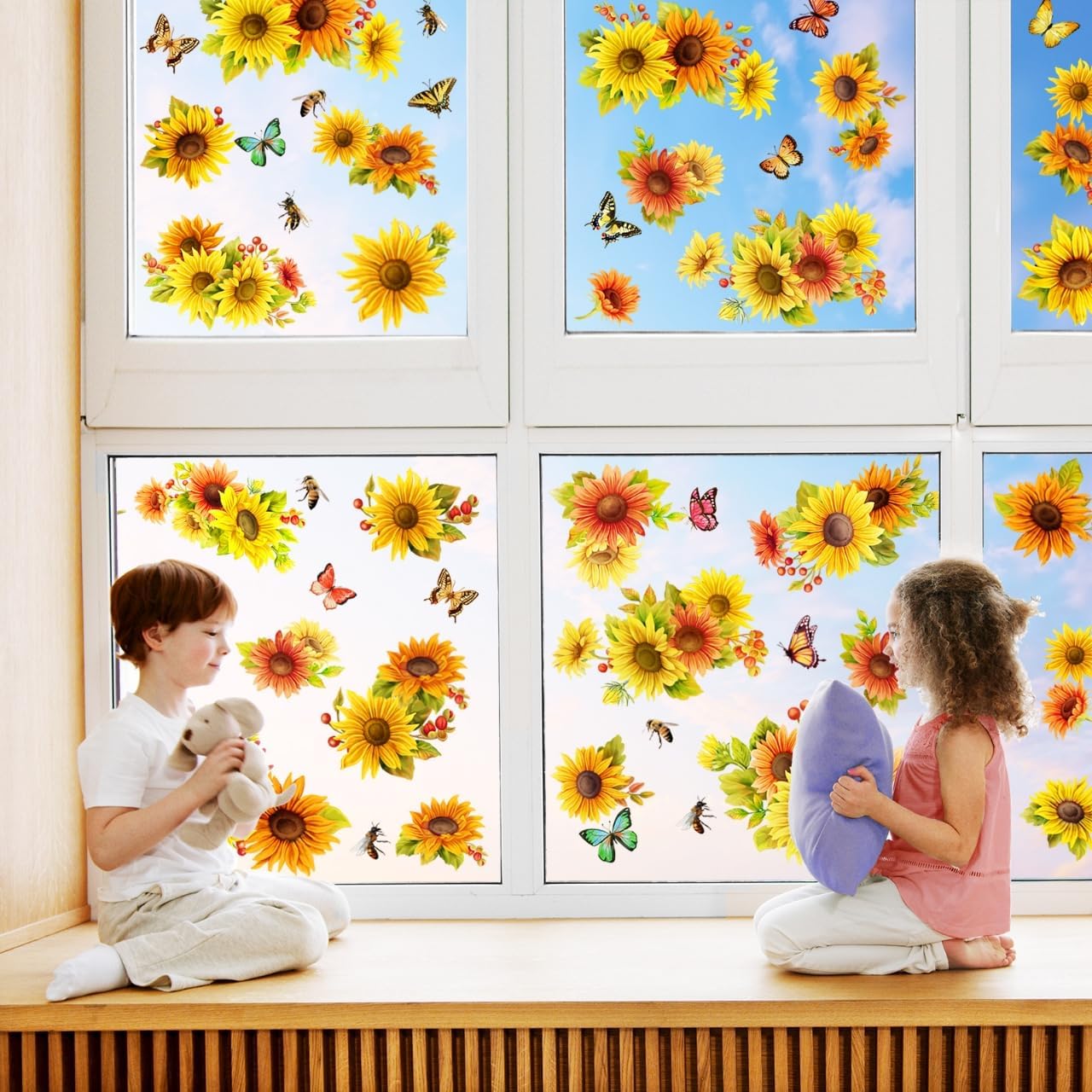 Sunflower Butterfly Window Clings Fall Window Decorations | Large-Size Clings for Glass Double-Sides Window Stickers for Glass Home Bedroom Nursery Room Windo Decals 44 Pcs in Total