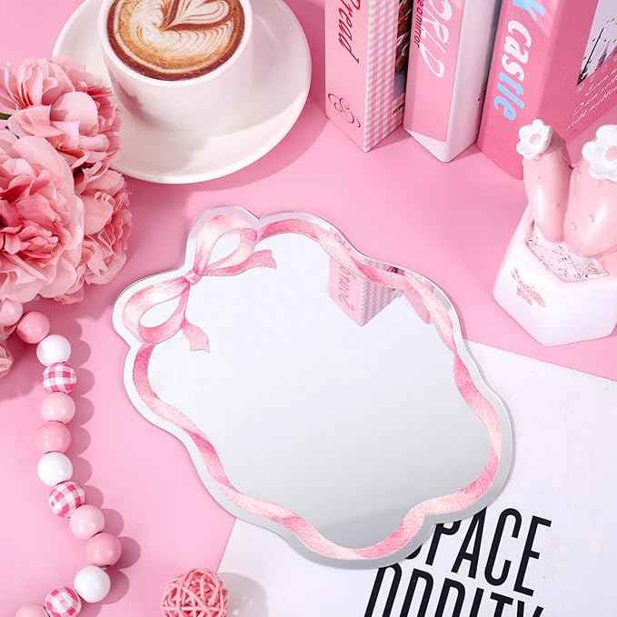 JarThenaAMCS Pink Bow Magnetic Locker Mirror with Magnetic Backing 7.9 x 5.9 Inch Coquette Acrylic Makeup Mirror for Home Dorm Office Bathroom Cabinet Decor