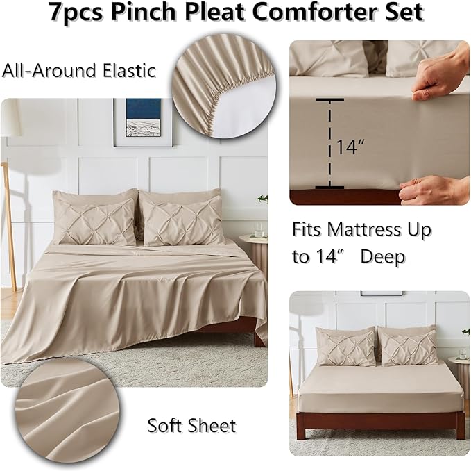 CozyLux King Size Comforter Set Wheat, 7 Pieces Pintuck Bed in A Bag Wheat Comforter King Size, Pinch Pleat Bedding Set with All Season Comforter, Sheets, Pillowcases & Shams