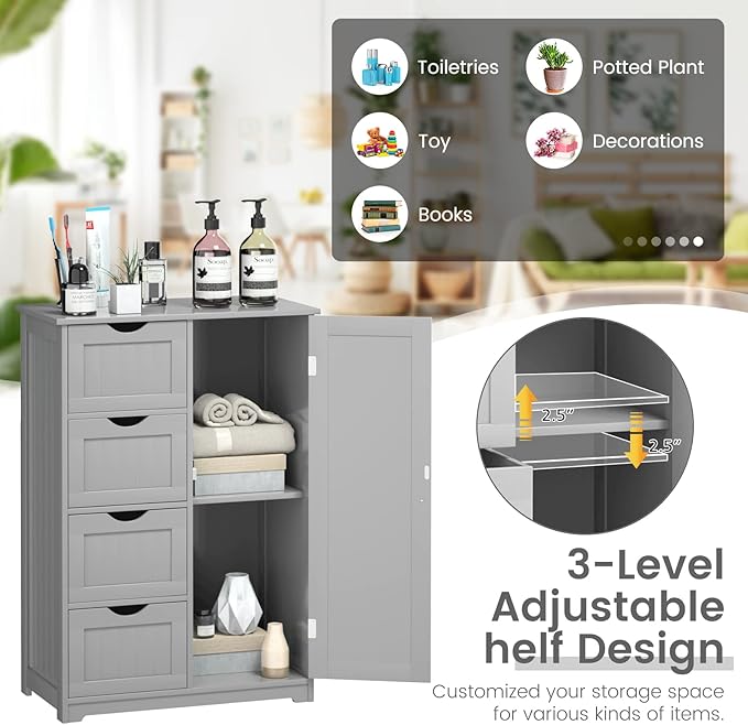 COSTWAY Bathroom Storage Cabinet, Wooden Freestanding Storage Cupboard Organizer with 4 Drawers & Adjustable Shelf, Modern Floor Cabinet for Living Room, Bathroom, Kitchen, Entryway (Grey)