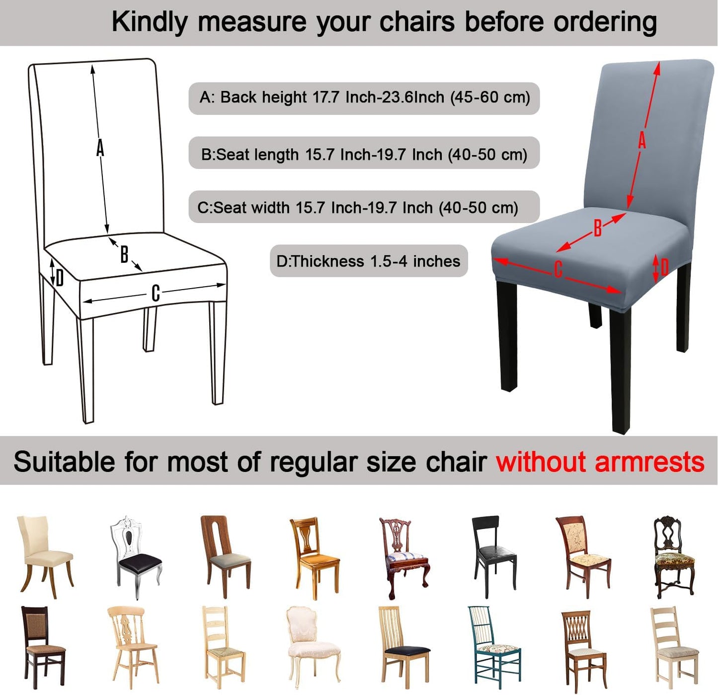 JQinHome 6 Pcs Dining Chair Slipcover,High Stretch Removable Washable Chair Seat Protector Cover for Home Party Hotel Wedding Ceremony(Light Grey)