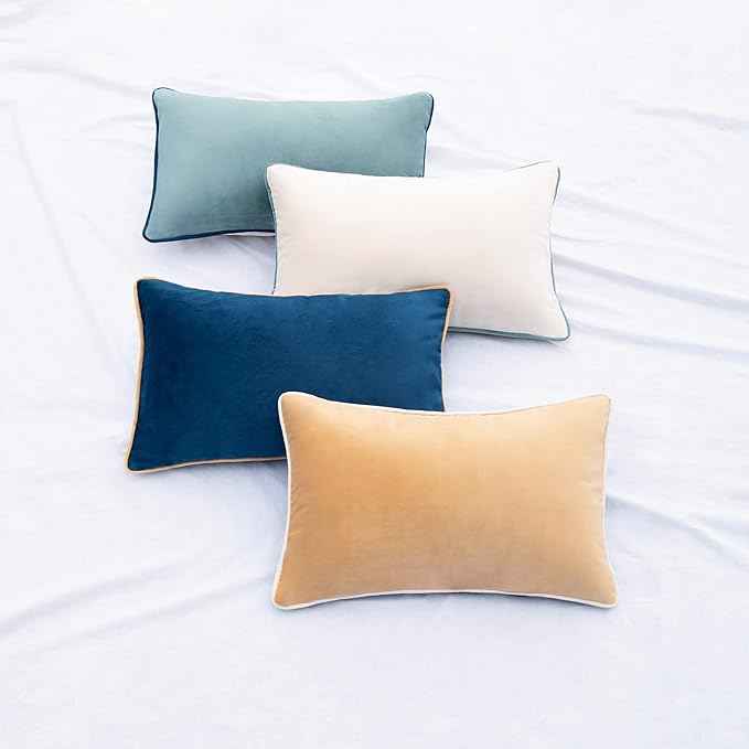 MONDAY MOOSE Decorative Throw Pillow Covers Cushion Cases, Set of 4 Soft Velvet Modern Double-Sided Designs, Mix and Match for Home Decor, Pillow Inserts Not Included (12x20 inch, Blue/Beige)