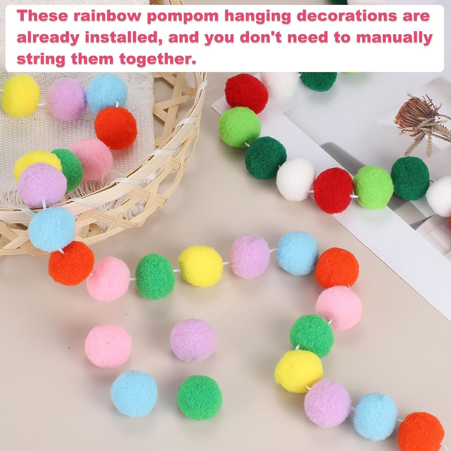 PATIKIL 13Ft Pom Pom Garland Decorations, 2Pcs Colorful Felt Ball Garland Banner Cute Rainbow Pompom Hanging Decorations for Tree Ornaments Homes Decor, Pink/White/Rose Red