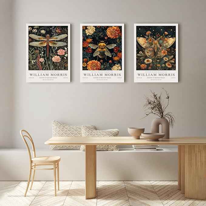 Hianan William Morris Animal Botanical Inspired Canvas Wall Art, Vintage Dragonfly Bee Butterfly Poster Prints, Maximalist Nature Flower Aesthetic Pictures for Living Room Bedroom Framed 12"x16"x3