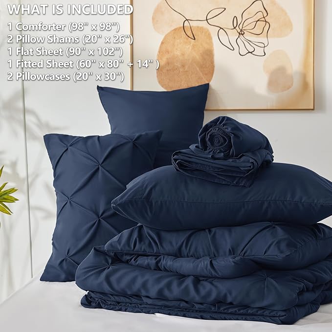 CozyLux Oversized Queen Comforter Sets Navy Blue, 7 Pieces Oversized Queen Pintuck Bed in A Bag, Pinch Pleat Bedding Sets with All Season Comforter, Flat Sheet, Fitted Sheet, Pillowcases & Shams