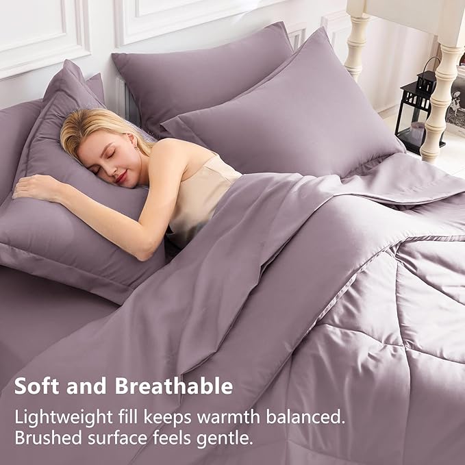 CozyLux Queen Comforter Set Dusty Purple - Bed in a Bag Queen Size 7 Pieces, Soft Bed Set for All Seasons, Bedding Set with Down Alternative Comforter, Sheets, Pillowcases & Shams, Grayish Purple