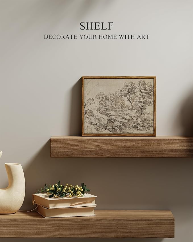 InSimSea Framed Canvas Print Art, Vintage Sketch Landscape Painting, Rustic Farmhouse Cottage Decor for Hallway Wall Floating Shelf Desk Vanity Fireplace,10x8 in, Neutral Tones