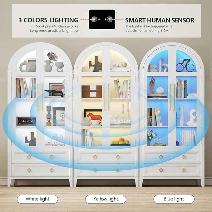 Arched Curio Cabinet with Glass Doors, 4-Tier Display Cabinet with 2 Drawers, Tall Bookcase with 3 Color Lights, Display Case, Kitchen Pantry (White)