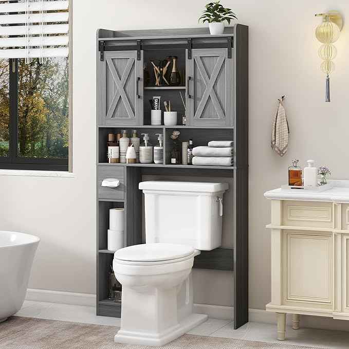 Farmhouse Over The Toilet Storage Cabinet with Sliding Door & Toilet Paper Holder Stand, Space-Saving for Bathroom & Restroom, Wash Grey