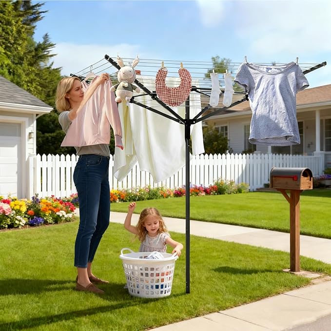 Nisorpa Outdoor Umbrella Drying Rack,12 Lines with 165 Feet Umbrella Clothesline Outdoor Dryer Clothes Line, 4 Arm Steel Frame Adjustable Height Retracting Collapsible Clothes Drying Rack for Backyard