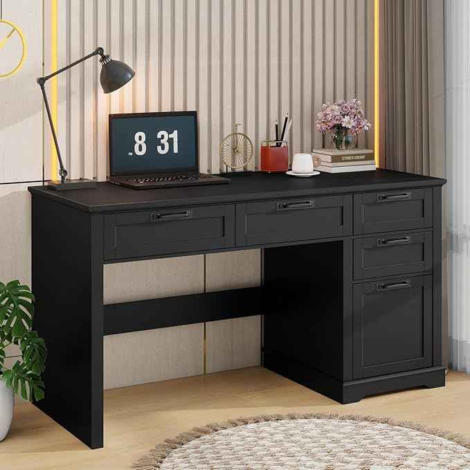 Vabches 55" Farmhouse Home Office Desk with File Drawer, Executive Computer Desk with 4 Storage Drawers, Rustic Computer Desk for Working, Studying, Writing, Black