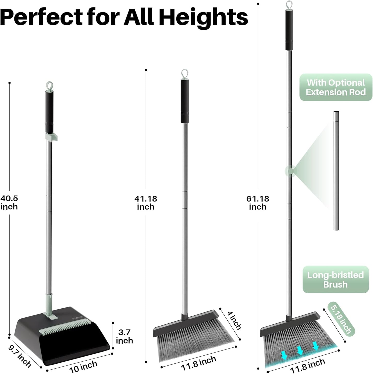 JOYMOOP Black Broom and Dustpan Set with 56” Handle, Upright Angle Design for Pet Hair and Hard Floor Sweeping