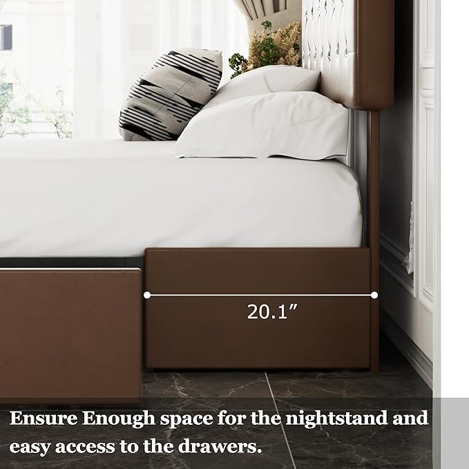 VECELO Full Size Bed Frame with 3 Storage Drawers, Leather Upholstered with Diamond Tufted Headboard, Solid Wood Slat Support, No Box Spring Needed, PU & Brown