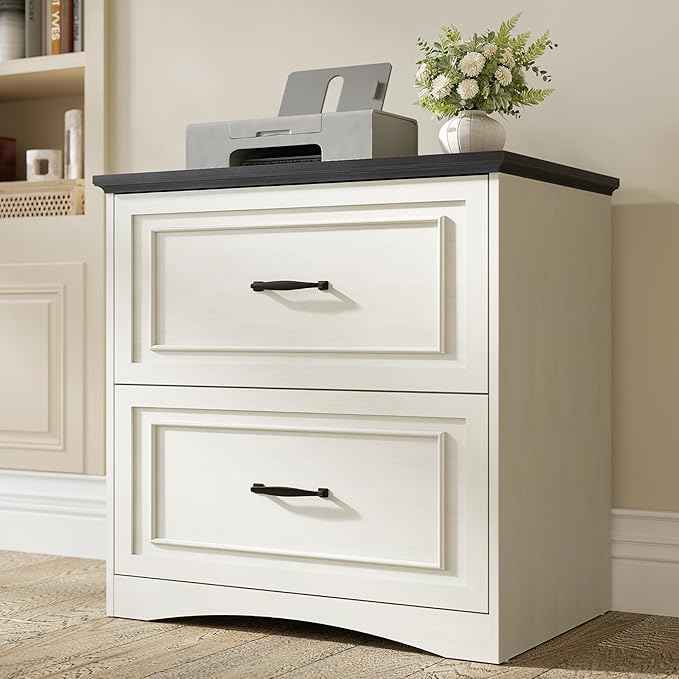 FEZIBO Farmhouse File Cabinet, 30" Lateral Filing Cabinet with 2 Drawers and Hanging Rods, Storage Wood Cabinet for Home Office, Living Room, Bedroom, Pure White