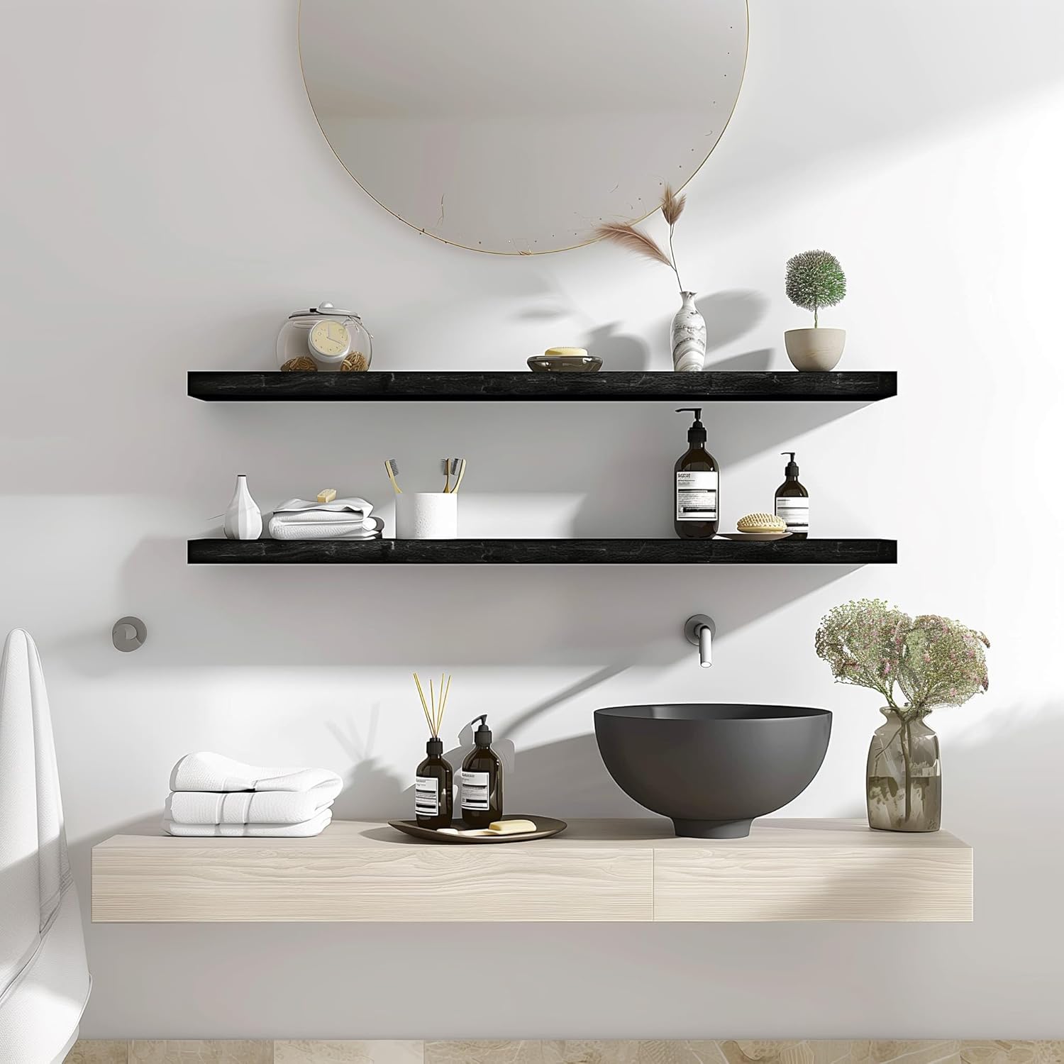 Wood Floating Shelves for Wall Decor, Rustic Wall Shelves for Bedroom Bathroom Kitchen Living Room, Set of 4 Black 36 Inch - Décor Diaries