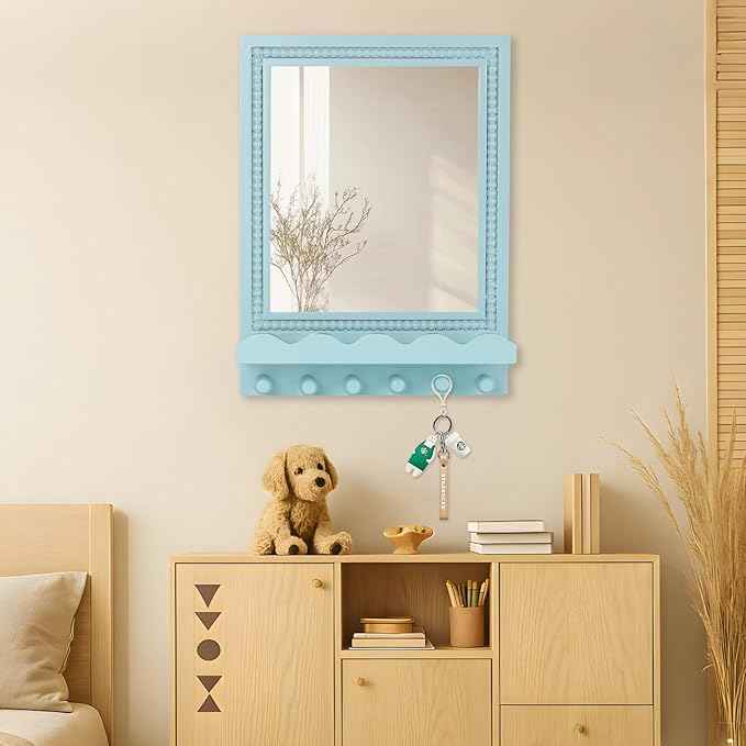Tirzah 16x12 Inch Wall Mount Beaded Wood Framed Mirror with Shelf and 6 Hooks, Blue Decorative Entryway Mirror with Storage for Laundry Room, Bathroom, Bedroom