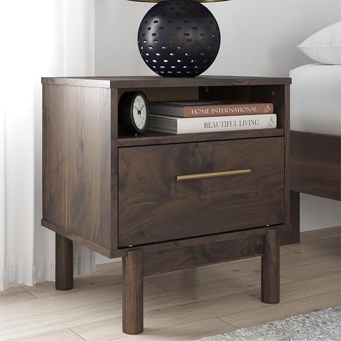 Signature Design by Ashley Calverson Modern 1 Drawer Nightstand with Open Cubby, 21.18" Tall, Dark Brown