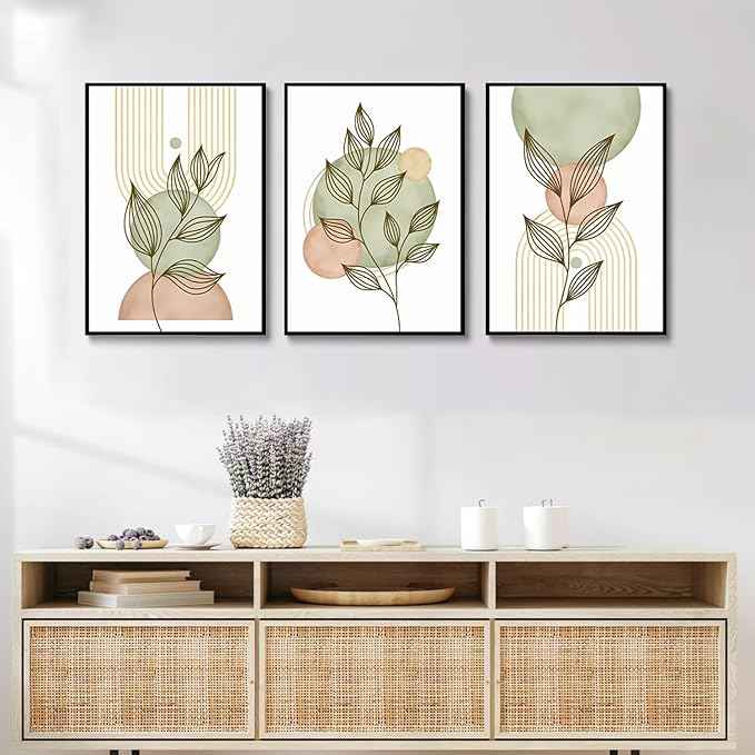 3Pcs Sage Green Boho Canvas Wall Art Modern PinkBotanical Posters Print Abstract With Leafr Pictures Wall Decoration For Living Room Bedroom Bathroom UnFramed