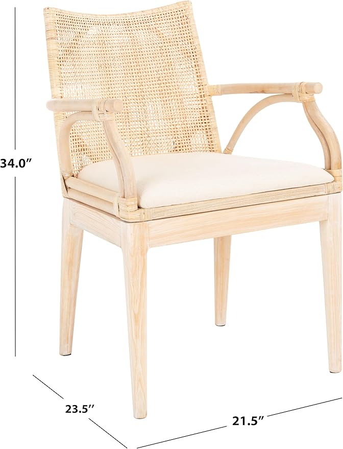 SAFAVIEH Home Collection - Gianni Natural & White Wash Solid Wood Rattan Arm Chair, Tropical Coastal Accent Seating for Living Room or Dining Space (SEA4011B)