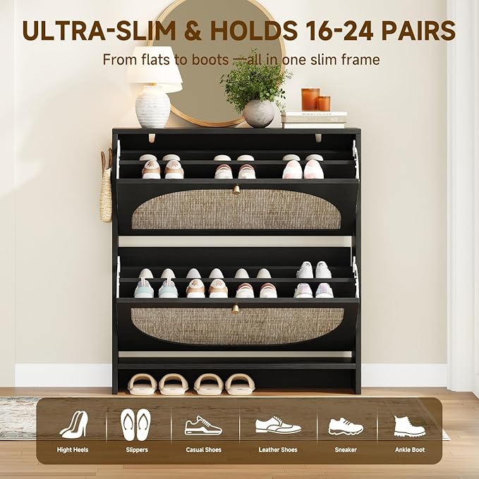 Nicetree Rattan Arched Accent Shoe Cabinet - Freestanding Ultra Slim for Entryway, 2 Flip Drawers & 3-Tier Adjustable Shelves, Farmhouse Modern Rustic Shoe Rack for Hallway Foyer, Black