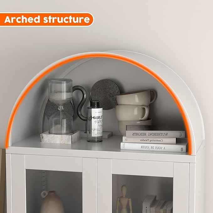 Metal Arched Cabinet with Glass Doors,White Tall Arched Bookcasefor Living Room, Home, Office, Assembly Required