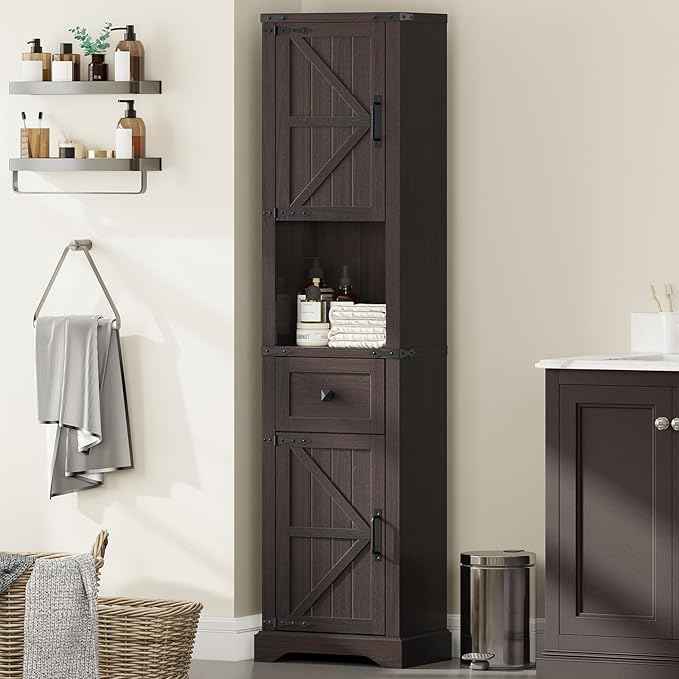 66" Tall Farmhouse Bathroom Storage Cabinet with Barn Doors and Drawer, Narrow Storage Unit, Adjustable Shelves & 5-Tier Space, Freestanding Cabinet for Bathroom, Entryway, Kitchen, Espresso