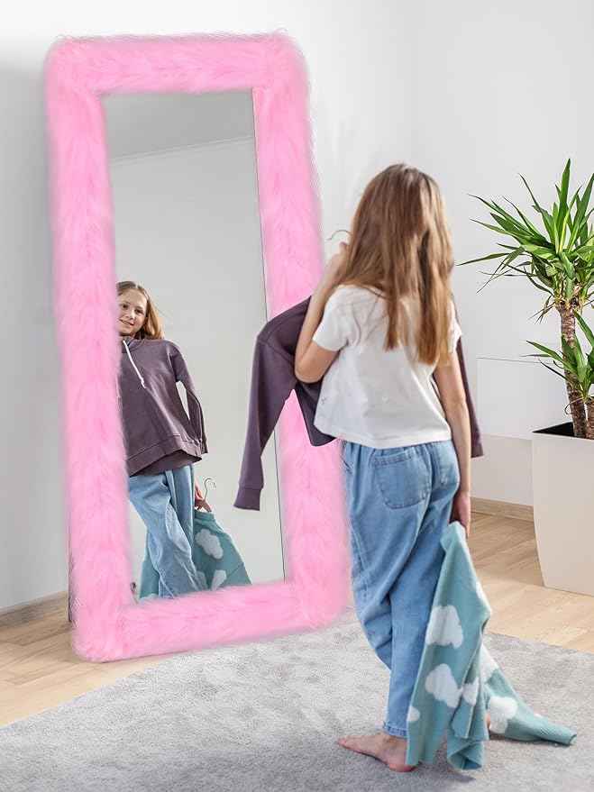 Geelin Full Length Mirror Cover 59 x 16 Inch Universal Ultra Soft Non Slip Design Fluffy Length Standing Mirrors Cover Decoration for Bedroom Cloakroom Women Gifts(Pink)