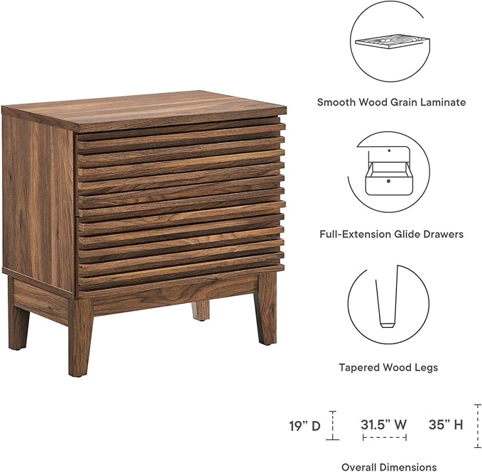 Modway Render Mid-Century Modern, Two-Drawer Nightstand, Walnut