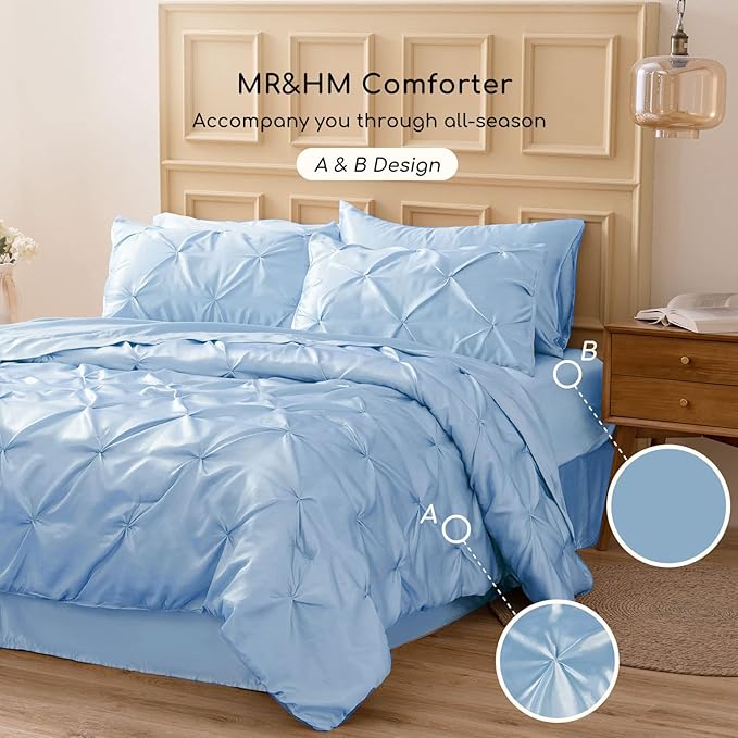 MR&HM Satin Comforter Twin 5 Pieces - Luxurious Pinch Pleat Bedding Set with Comforter, Flat Sheet, Fitted Sheet, Pillowcase & Sham, Super Silky Soft Bed Set for All Season (Twin, Light Blue)