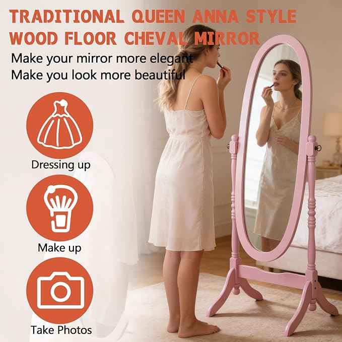 Full Length Mirror with Stand, Swivel Adjustable Oval Wood Cheval Floor Mirror, Dressing Cheval Mirror for Bedroom Livingroom, Interior Gift Idea (Pink)
