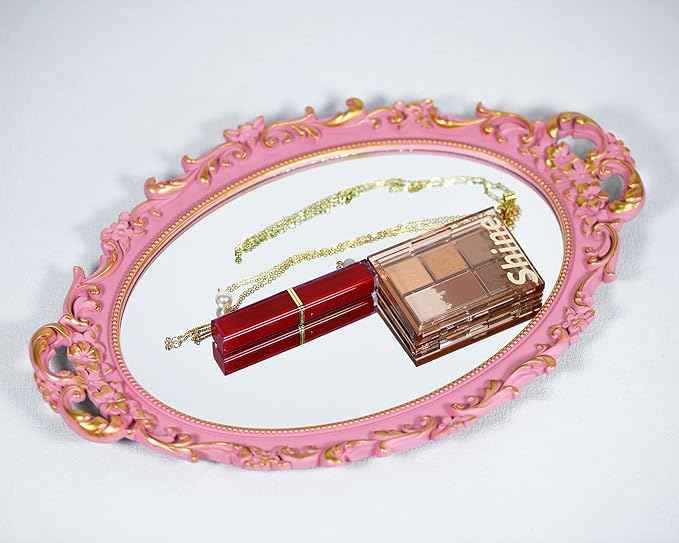 Vintage Decorative Pink Framed Mirror, Wall Hanging Mirrors & Tabletop Tray for Bedroom Living Room Dresser Decor, Oval- 9.6" W x 14.3" L (Pink)