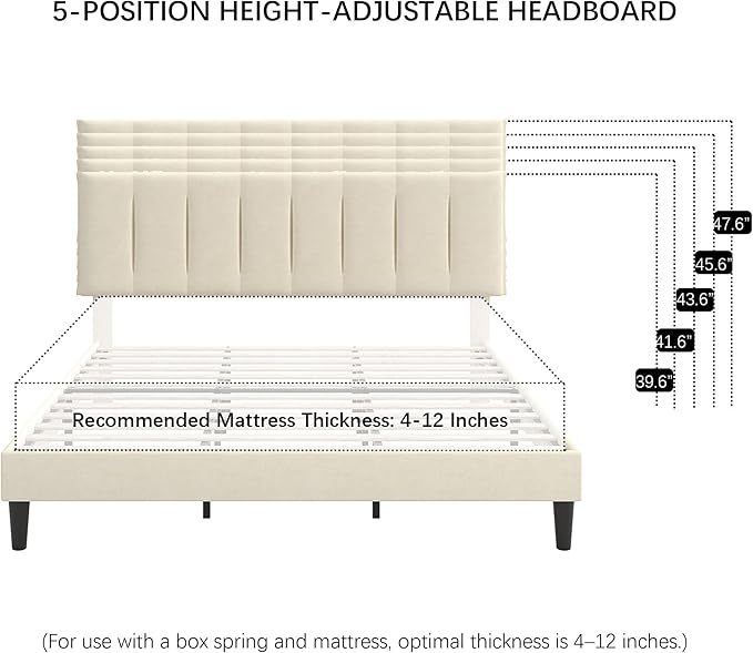 VECELO King Size Bed Frame with Upholstered Headboard, Heavy-Duty Bedframe with Strong Wooden Slats Support, No Boxing Spring Needed, Pale Beige