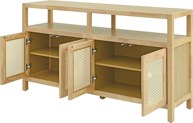 Ball & Cast 60" Rattan Buffet Sideboard Cabinet with Storage, Modern Boho Coffee Bar w/Push-to-Open Doors & Adjustable Shelves, Wood Console Cabinet for Kitchen,Livingroom & Dining Room, Natural