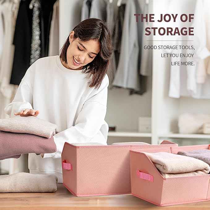Closet Baskets for Shelves Trapezoid - Decorative Storage Baskets with Handle, Closet Bins for Organization, Shelf Storage Bins for Clothes, Books, Home, Office, 10 Pack, Pink