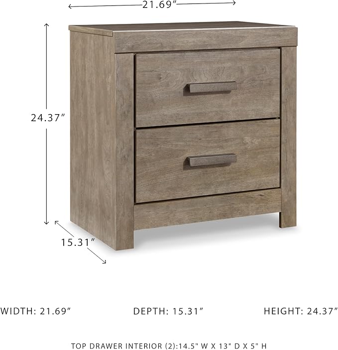 Signature Design by Ashley Culverbach Modern 2 Drawer Nightstand with 2 USB Charging Stations, 24.37" Tall, Weathered Gray