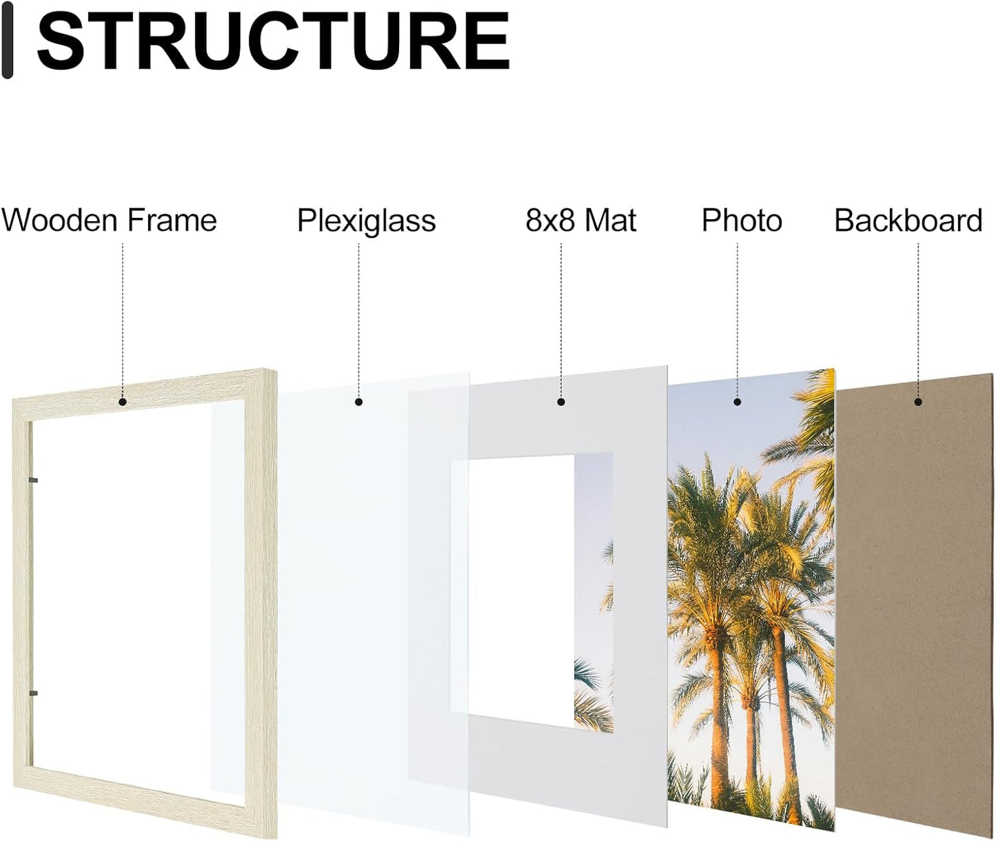 Vittanly 12x12 Picture Frames Set of 9, Shatter Resistant Plexiglass, Display 8x8 Pictures with Mat or 12x12 without Mat, Photo Frames for Wall Mount, Engineered Wood, Cornsilk