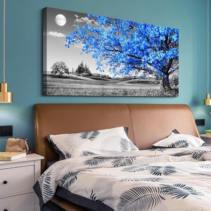 Wapluam Canvas Wall Art For Living Room Modern Wall Decor For Bedroom Black And White Wall Paintings Blue Tree Scenery Pictures Prints Artwork Office Decor Room Aesthetic Home Decor 20" X 40"