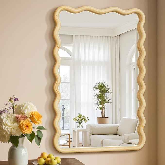 Bathroom Mirror for Wall, 20"x30" Boho Wavy Wood Mirror Large Full Length Decorative Mirror with Tempered Glass, Natural Wooden Frame Vanity Mirror for Bedroom, Living Room, Entryway