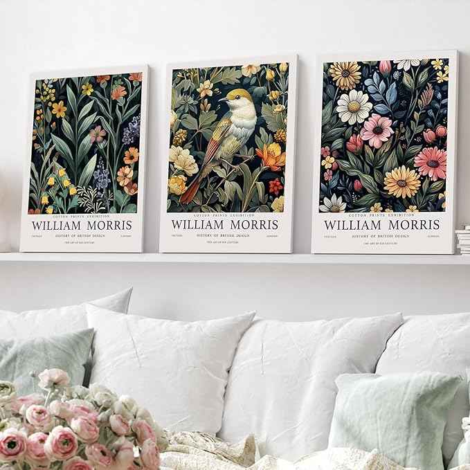 Hianan William Morris Floral Canvas Wall Art, Vintage Botanical Poster Prints, Bright Flower Bird Aesthetic Pictures, William Morris Animal Wall Decor for Living Room Bedroom Framed 12"x16"x3