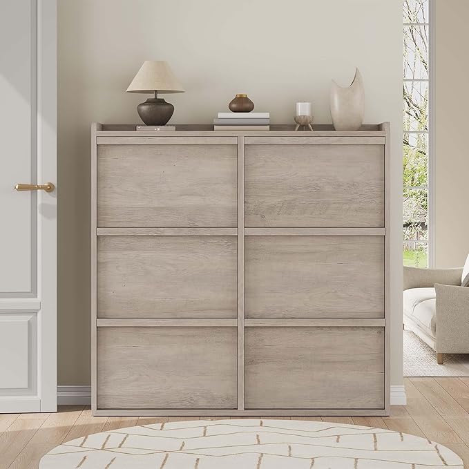 GarveeHome Shoe Cabinet with 6 Flip Drawers, Wooden Shoe Organizer Cabinet with Adjustable Shelf, Shoe Storage for Entryway, Hidden Shoe Cabinet for Hallway, Living Room, Grey