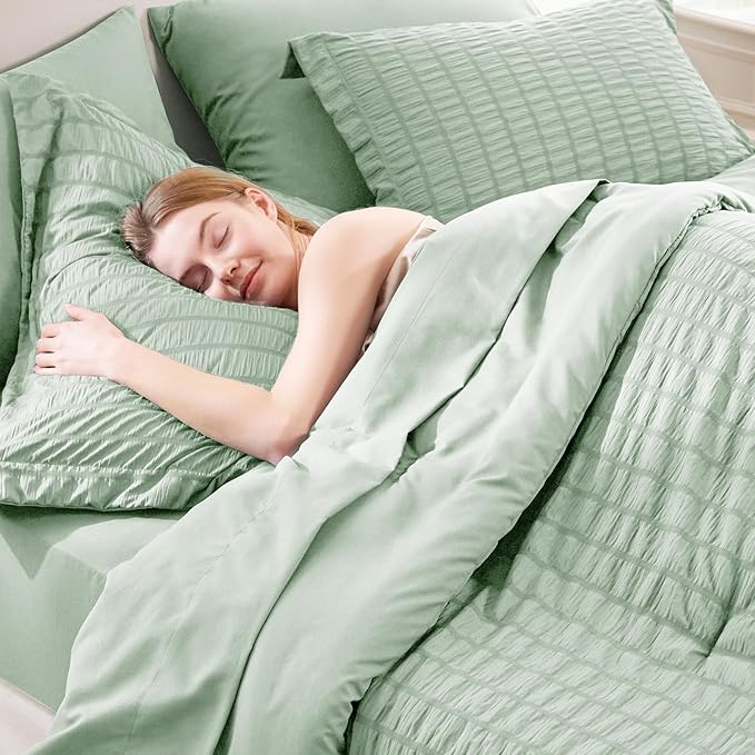 CozyLux King Size Comforter Set Sage Green Seersucker 7 Pieces Bed in a Bag King Comforter Set with Sheets, Luxury Bedding Set with Down Alternative Comforter, Sheets, Pillowcases & Shams All Seasonss