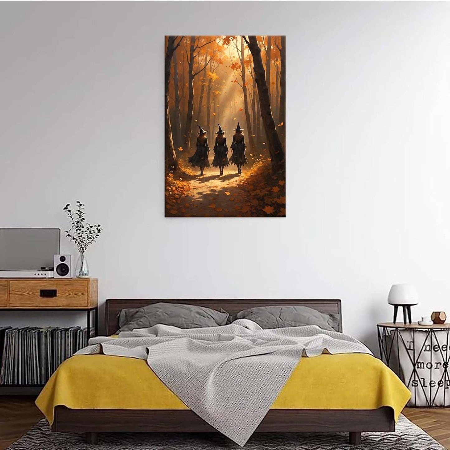 Three witches walking in the forest in autumn canvas painting gothic poster halloween print country witch wall art for home decoration16x24in Wood Framed