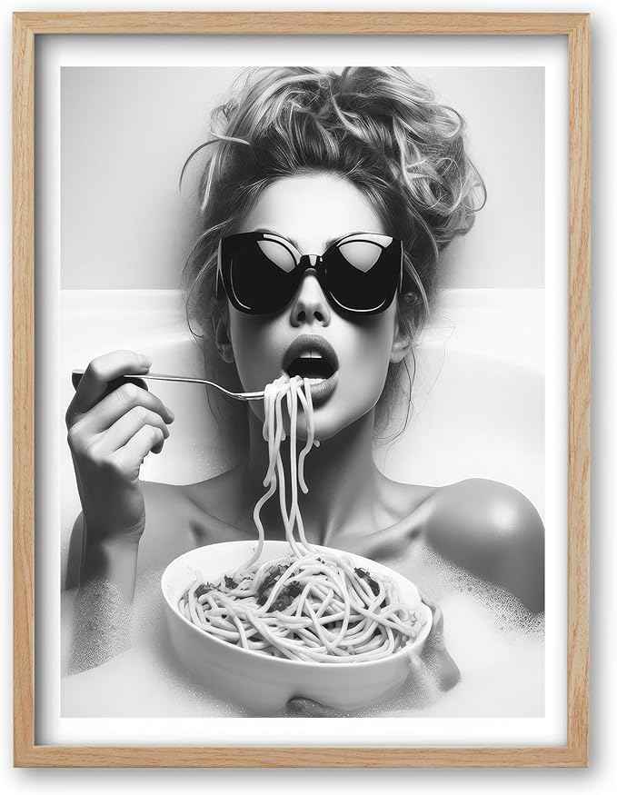iHery Natural OAK Wood Framed Wall Art, 12x16in Woman Wearing Sunglasses Eating Pasta in Bath Canvas Wall Decor, Funny Black and White Bathroom Wall Decor, Kitchen Room Print Set of 1