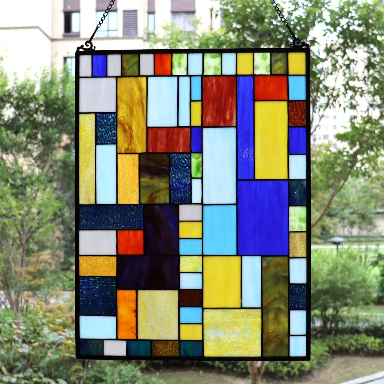 Bieye Geometric Color Block Tiffany Style Stained Glass Window Panel with Hanging Chain (18x25 inches W10091)