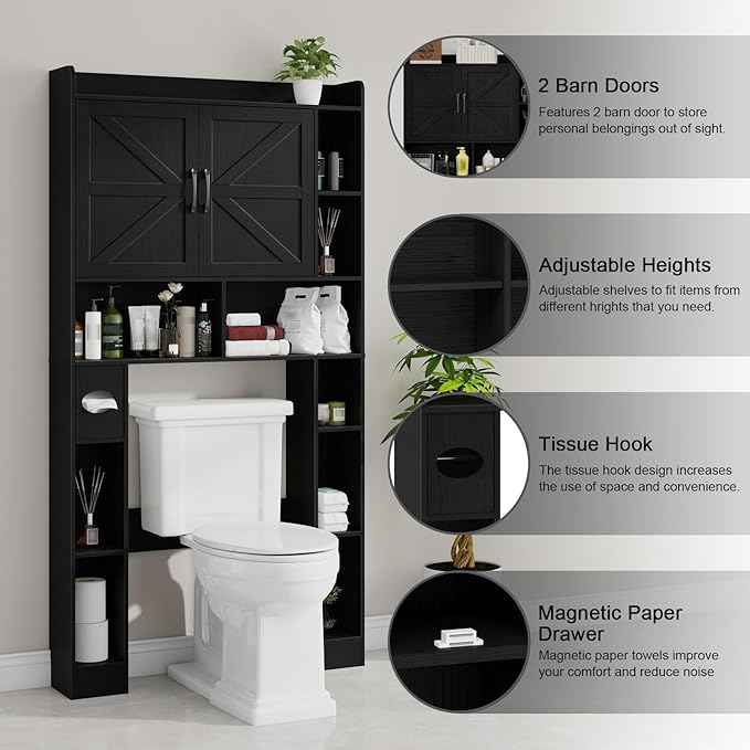 Vabches Over The Toilet Cabinet, Double Doors Bathroom Shelf Organizer with Toilet Paper Holder Stand and Open Storage Shelf, Small Freestanding Space Saver for Restroom, Bathroom, Laundry, Black
