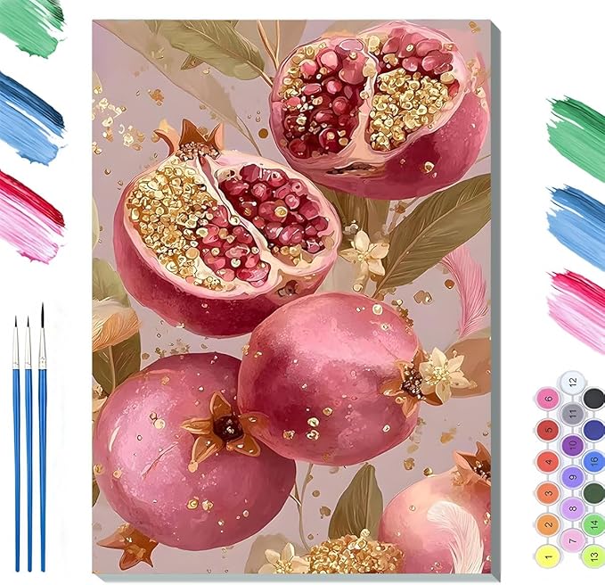 Paint by Numbers Kit for Adults Framed, Pink Pomegranates with Gold Accents, DIY Oil Painting, Pre-Printed Canvas Wall Art Home Decor Gift, 20x24inch Framed, 24 Colors