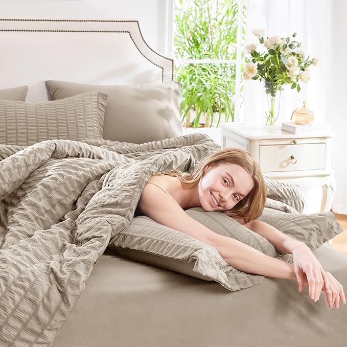 CozyLux Full Size Comforter Sets with Sheets Seersucker 7 Pieces Khaki Bed in a Bag Textured Luxury Soft Bedding Set with Down Alternative Comforter, Sheets, Pillowcases & Shams for All Seasons