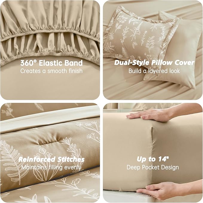 MUXHOMO Taupe Bed in a Bag Queen 7 Pieces, Queen Comforter Set Reversible Botanical Flowers Design, Ultra Soft & Breathable Bedding Sets with Comforter, Sheets, Pillowcases & Shams