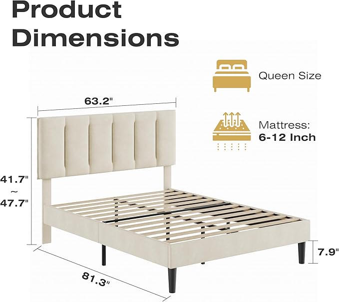 VECELO Queen Size Bed Frame with Upholstered Headboard, Heavy-Duty Bedframe with Strong Wooden Slats Support, No Boxing Spring Needed, Pale Beige